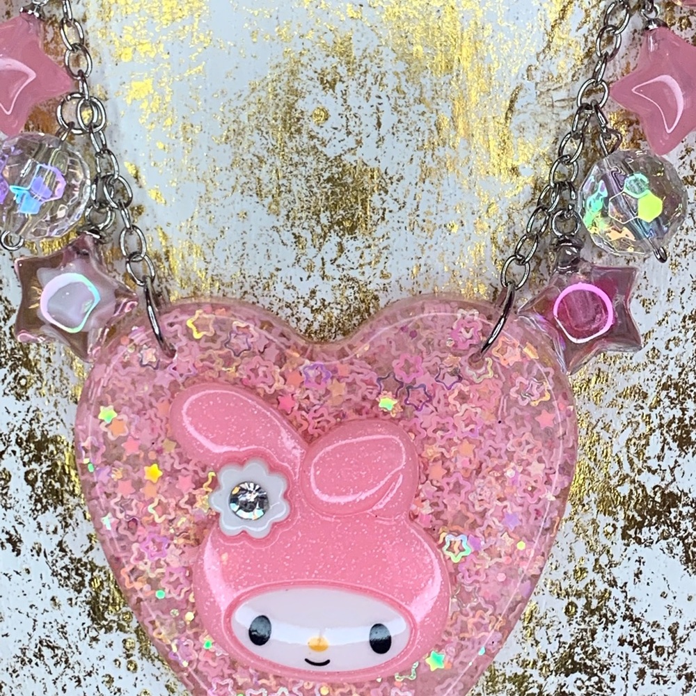 Pastel Pink Glitter Bunny heart charm necklace kawaii pastel goth sweet Lolita - Picture 4 of 5